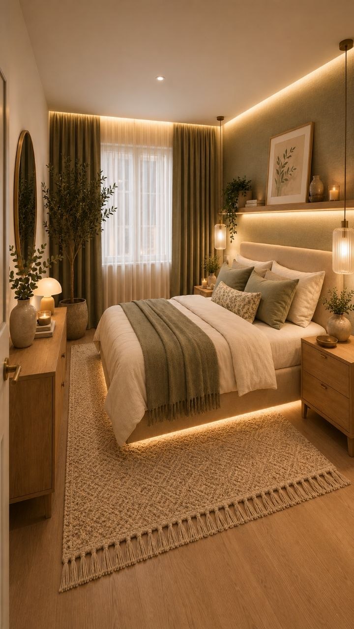 Quarto sofisticado em verde oliva, bege e madeira